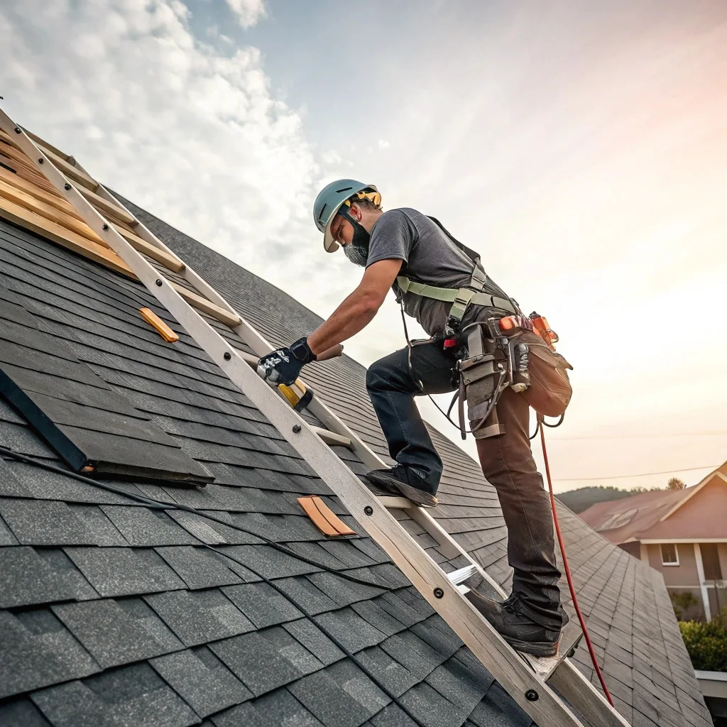 Roof Repair 2 a professional roofer installing asphalt shingles